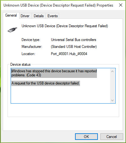 USB-apparaat (Apparaat beschrijving Verzoek mislukt)